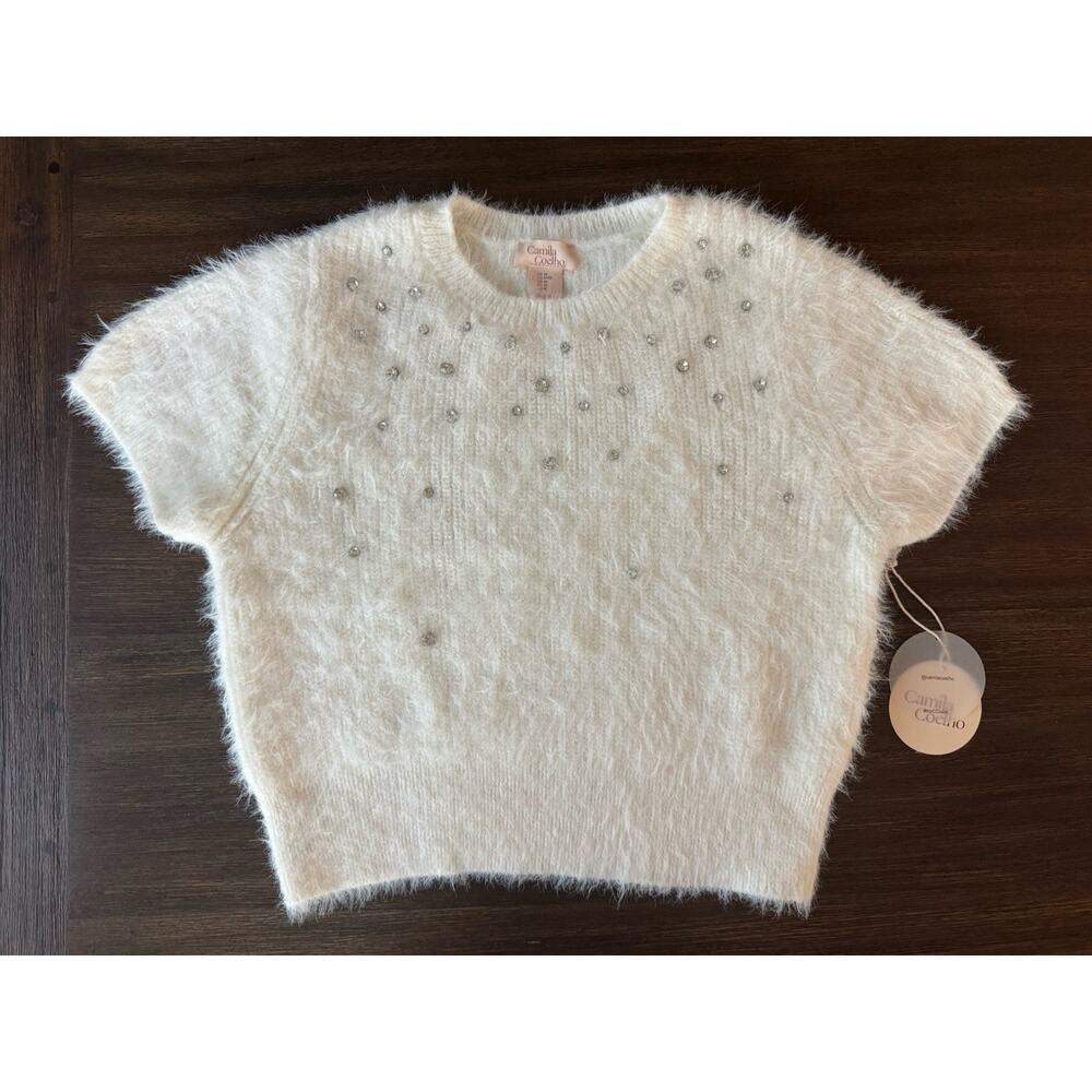 Camila Coelho Sweater Crystal Jeweled Crop Short Sleeve Ivory Revolve